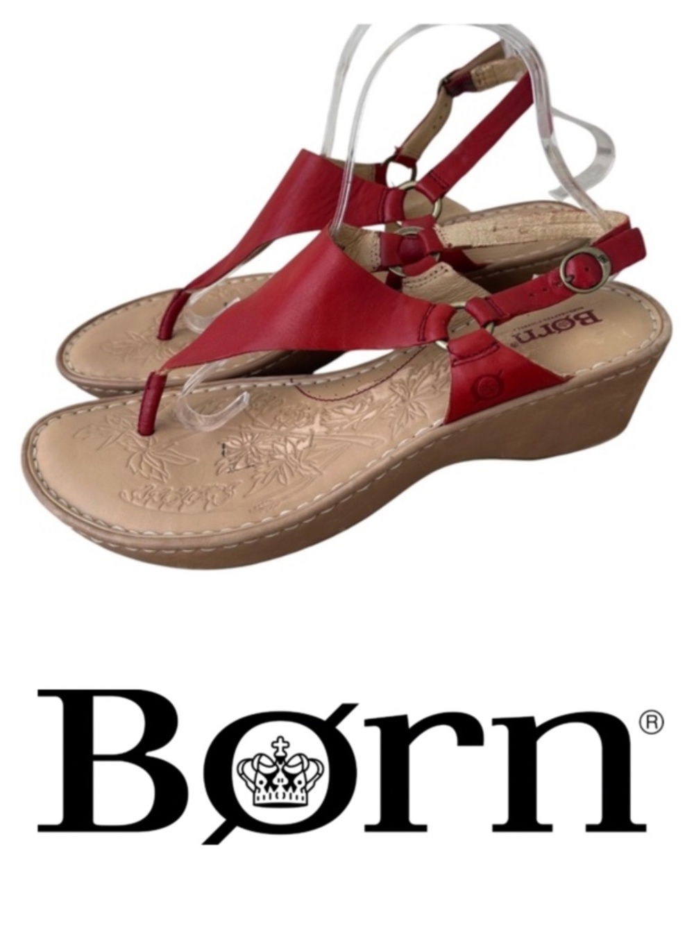 Born Womens Sz 10 Thong Wedge Sandals Red Leather Slingback CHIC
